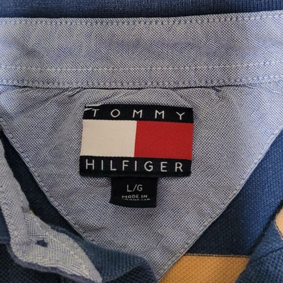 Tommy Hilfiger size large Navy and Tan Striped shortsleeved Polo Shirt - Picture 2 of 6